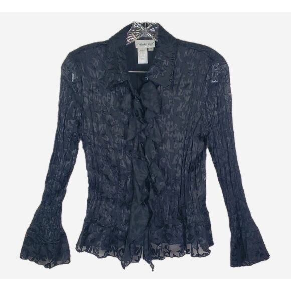 Coldwater Creek Black Lace Button Down Shirt Ruffled Sheer Bell Slv Small Petite - Picture 1 of 8